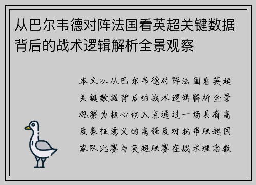 从巴尔韦德对阵法国看英超关键数据背后的战术逻辑解析全景观察