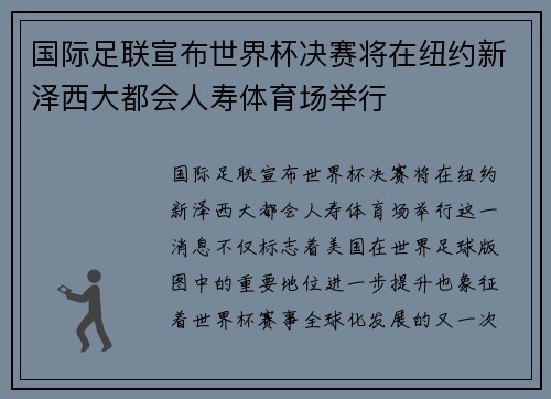 国际足联宣布世界杯决赛将在纽约新泽西大都会人寿体育场举行